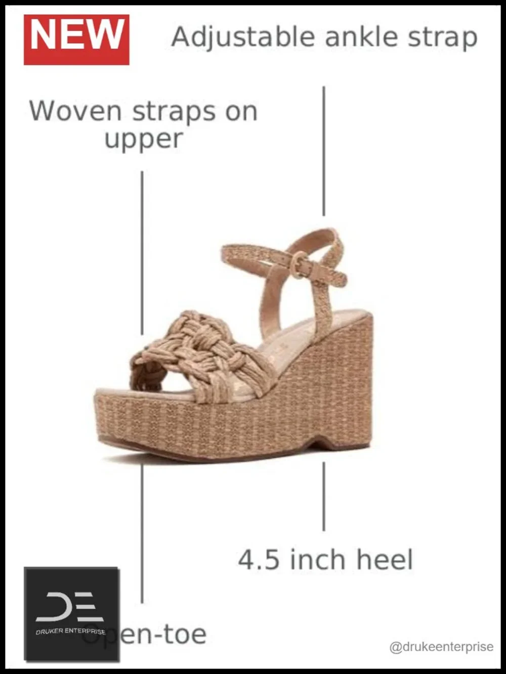 Wedge Espadrille Sandal Raffia Woven Straps Adjustable Ankle Buckle Heel